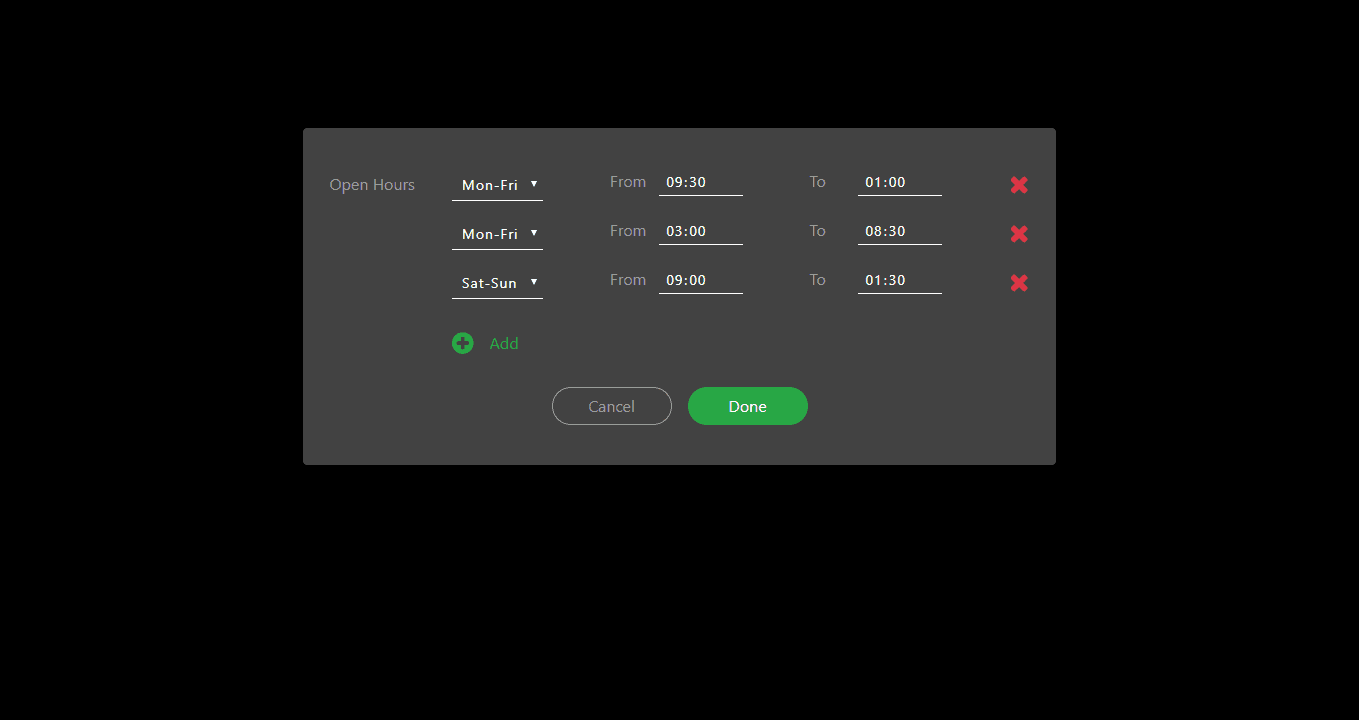 business hours table with custom time