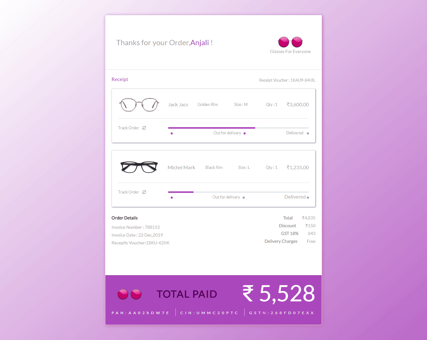 ecommerce product order details with tracking