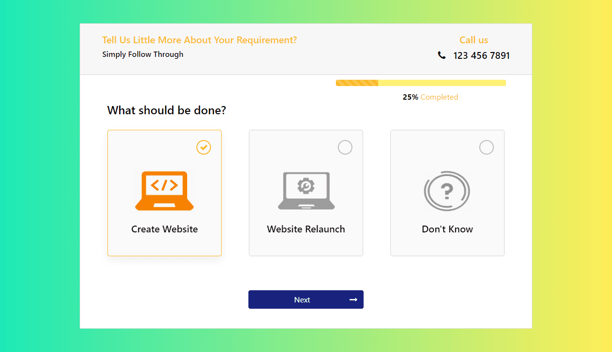 Multi step requirement form with progress and validation