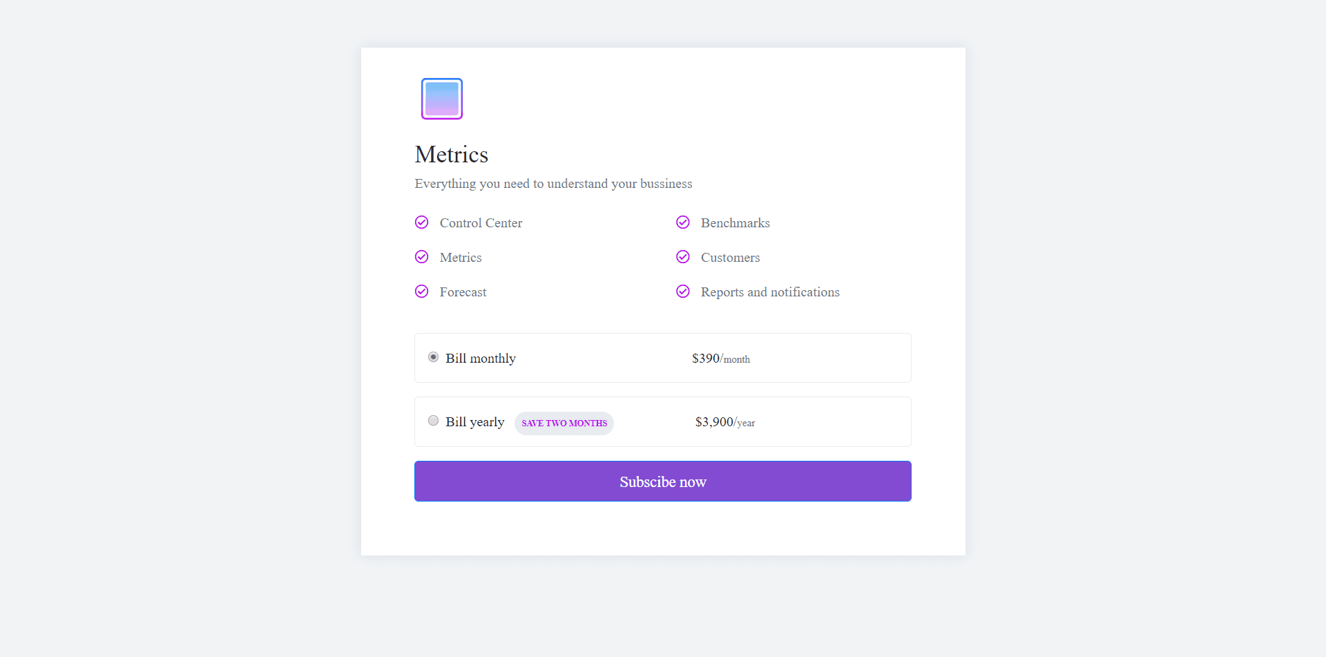 pricing card with plan details