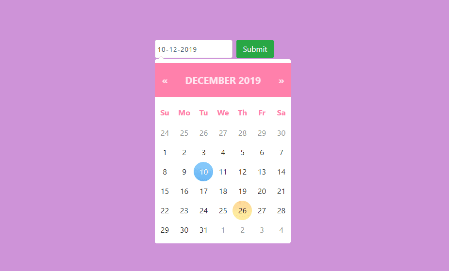 pink themed custom datepicker