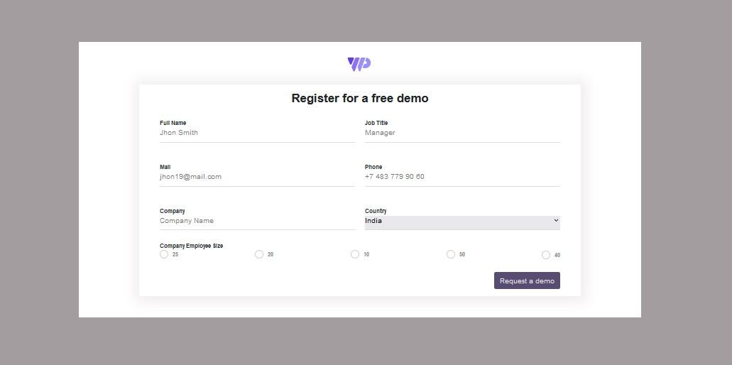 Register form for  company's free demo