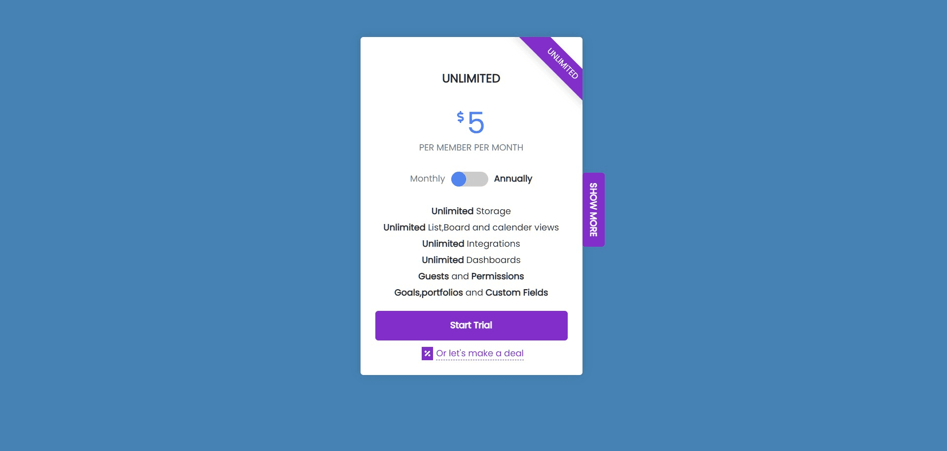 Pricing card with plan details