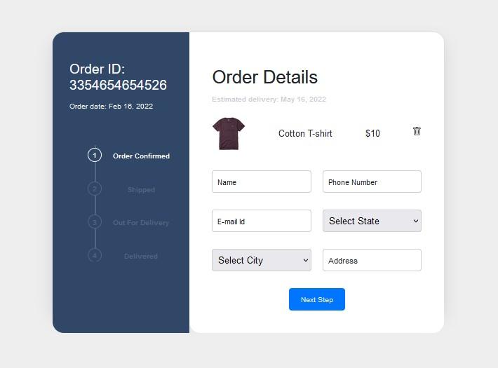 Ecommerce product order all details card with tracking and progress bar