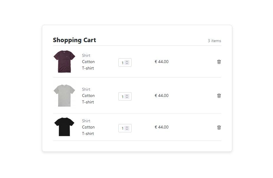 Shopping card with product and dropdown value with delete icon